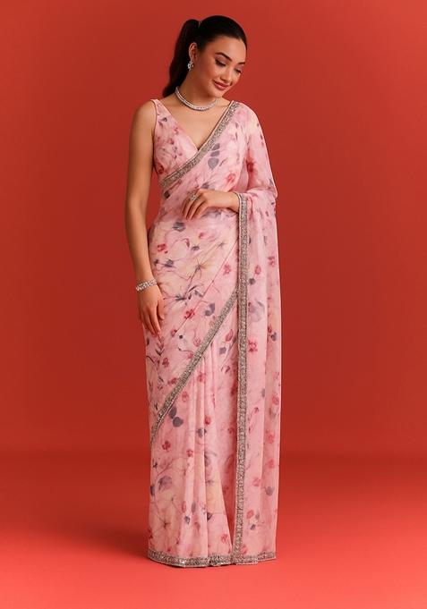 Baby Pink Organza Printed Pre Draped Saree Set