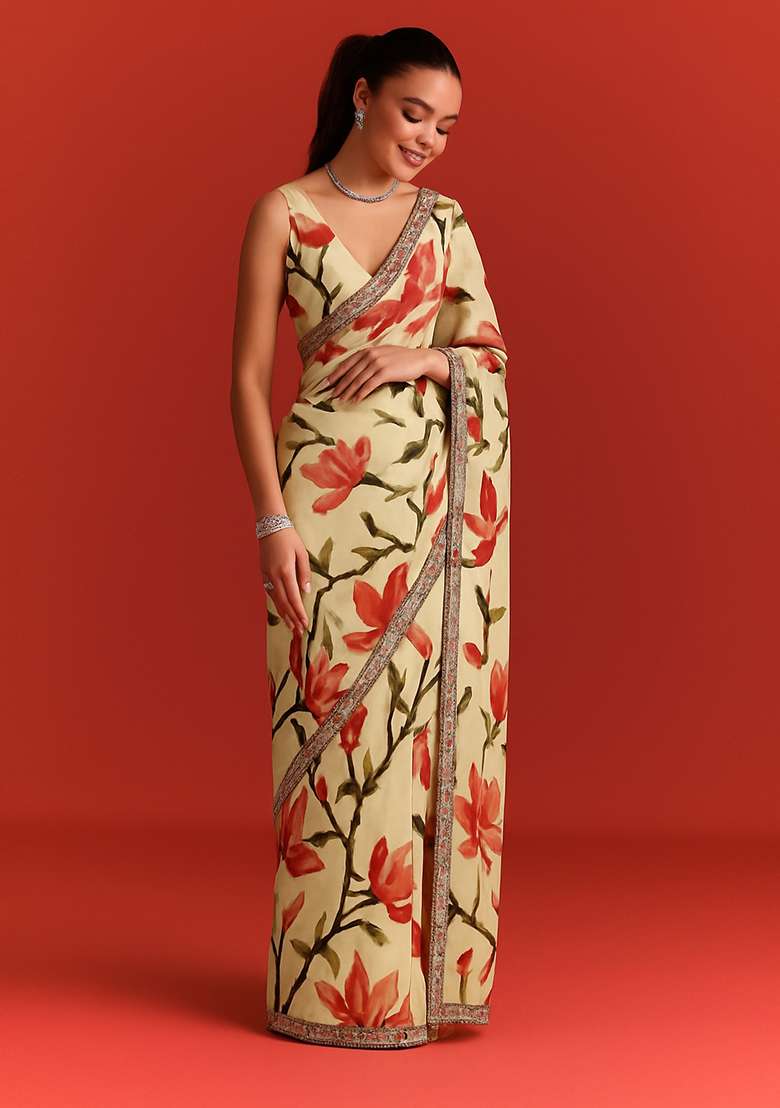 Cream Organza Printed Pre Draped Saree Set - Indya