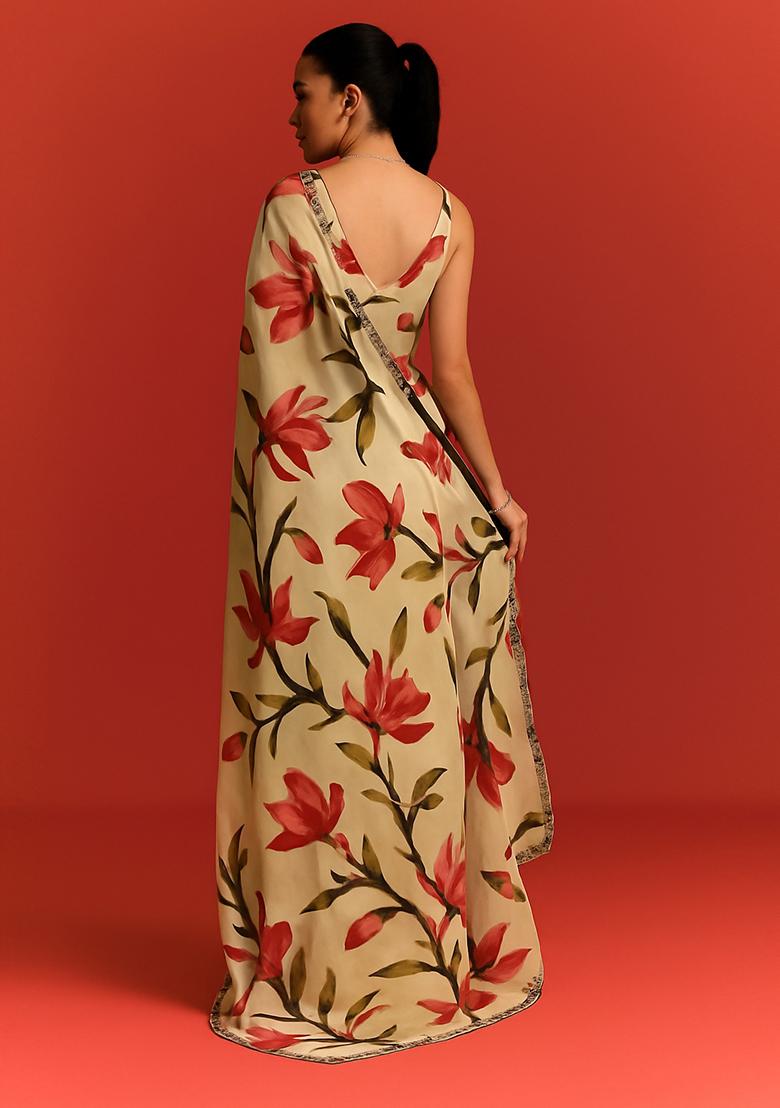 Cream Organza Printed Pre Draped Saree Set - Indya