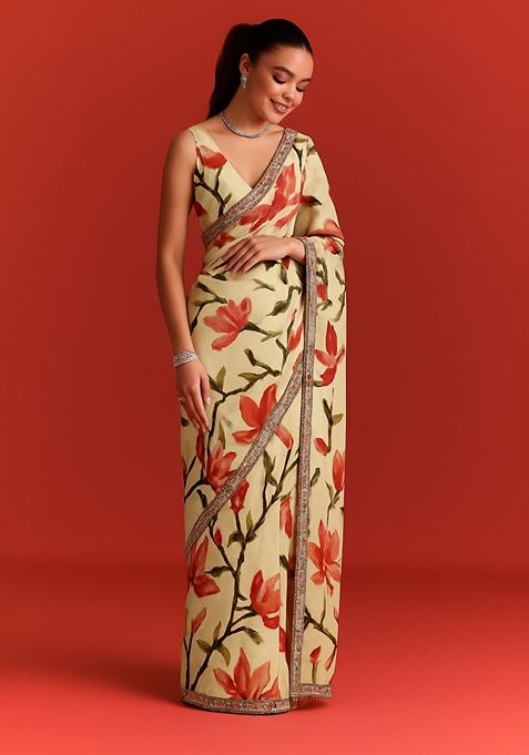 Cream Organza Printed Pre Draped Saree Set