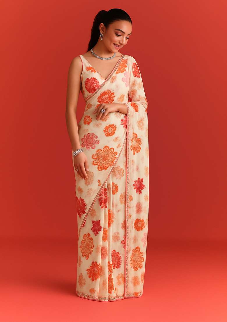 White Organza Printed Pre Draped Saree Set - Indya