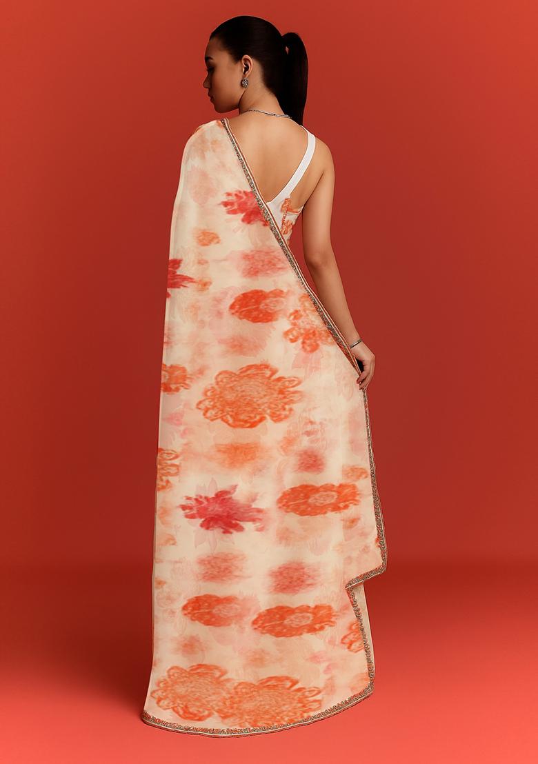 White Organza Printed Pre Draped Saree Set - Indya