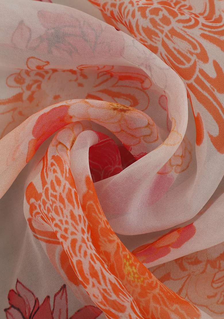 White Organza Printed Pre Draped Saree Set - Indya