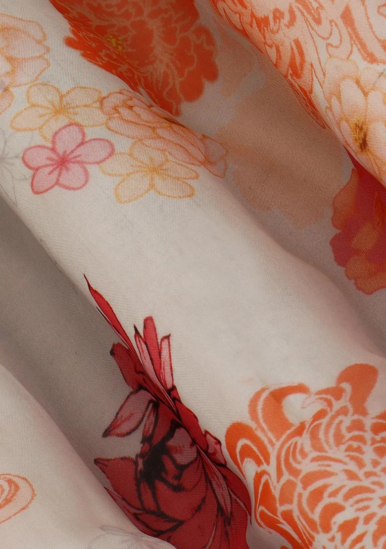 White Organza Printed Pre Draped Saree Set - Indya