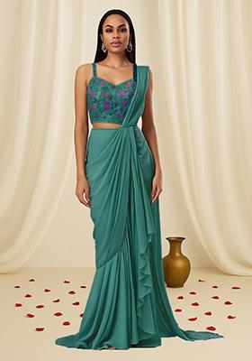 Sage Green Embellished Blouse With Pre Draped Saree Set