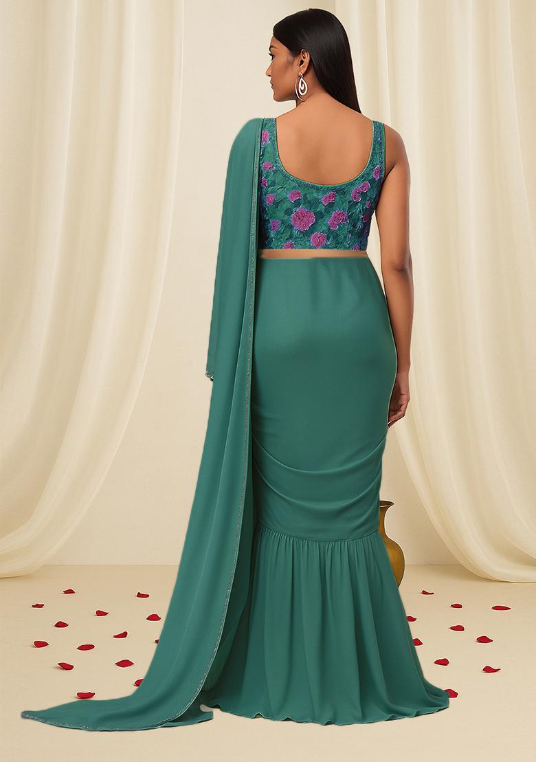 Sage Green Embellished Blouse With Pre Draped Saree Set - Indya