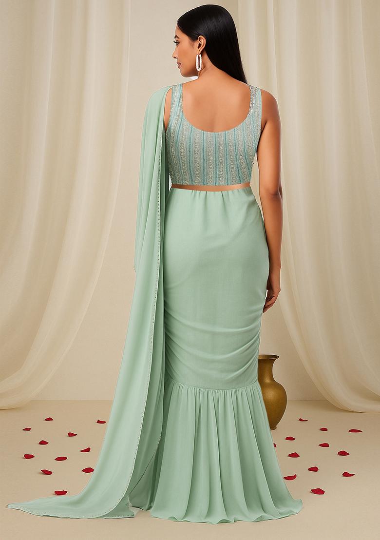 Sage Green Embellished Blouse With Pre Draped Saree Set