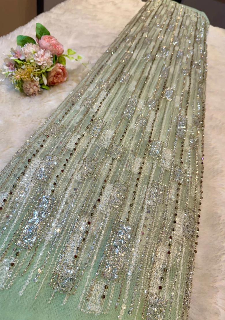 Sage Green Embellished Blouse With Pre Draped Saree Set