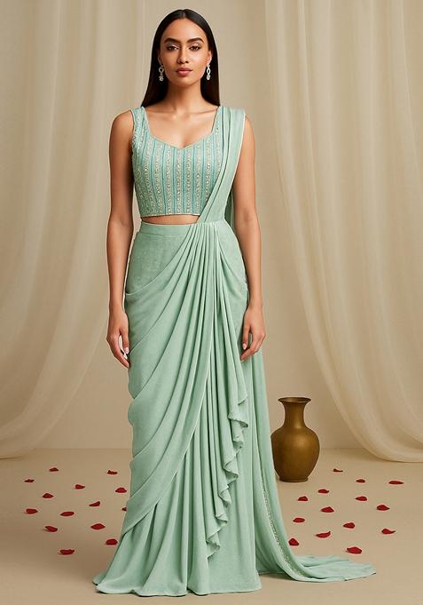 Sage Green Embellished Blouse With Pre Draped Saree Set