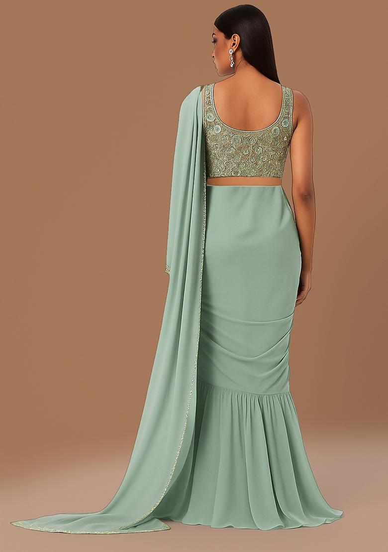 Light Green Embellished Blouse With Pre Draped Saree Set