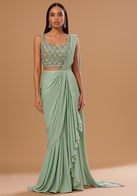 Light Green Embellished Blouse With Pre Draped Saree Set