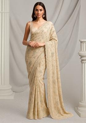 Beige Embroidered Tissue Pre Draped Saree Set