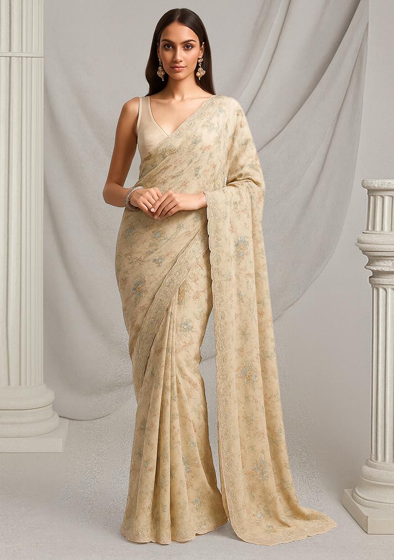 Beige Embroidered Tissue Pre Draped Saree Set