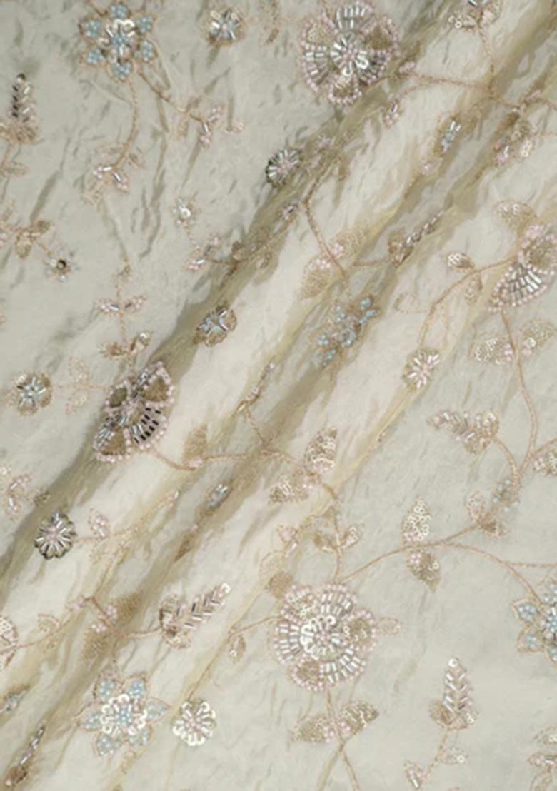 Beige Embroidered Tissue Pre Draped Saree Set