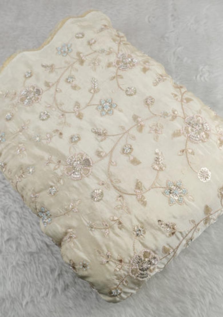 Beige Embroidered Tissue Pre Draped Saree Set