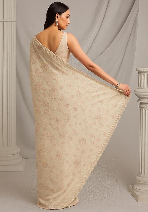 Beige Embroidered Tissue Pre Draped Saree Set