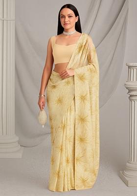 Off White Embroidered Net Pre Draped Saree Set