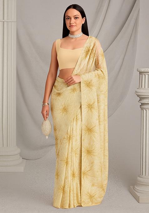 Off White Embroidered Net Pre Draped Saree Set