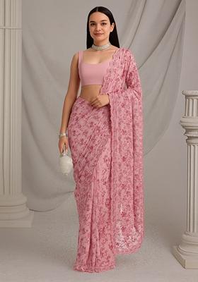Pink Sequin Embroidered Net Pre Draped Saree Set