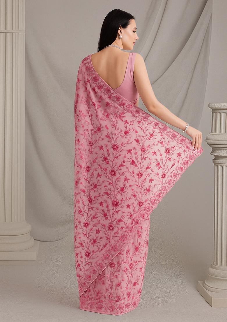 Pink Sequins Embroidered Net Pre Draped Saree Set - Indya