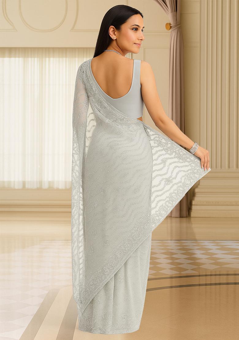 Grey Sequins Embroidered Net Pre Draped Saree Set - Indya