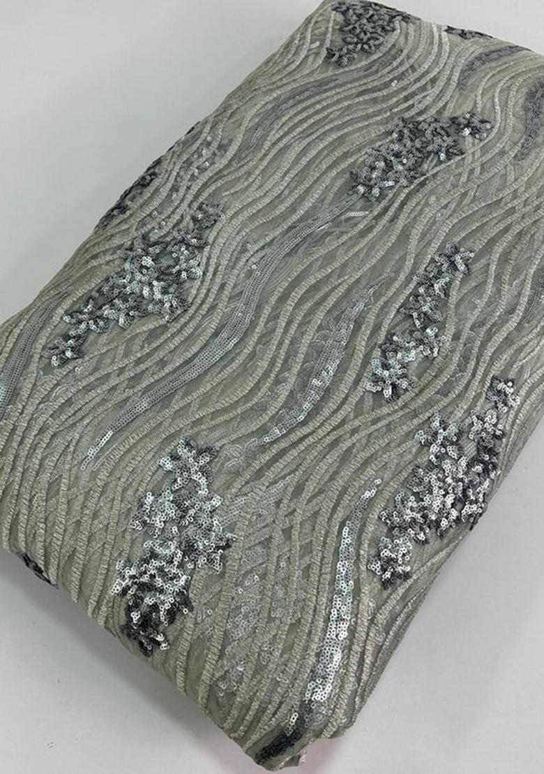 Grey Sequins Embroidered Net Pre Draped Saree Set - Indya