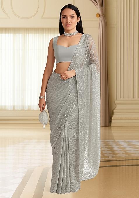 Grey Sequin Embroidered Net Pre Draped Saree Set
