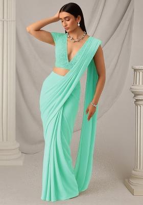 Sage Green Sequin Embroidered Net Pre Draped Saree Set