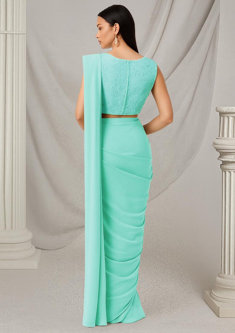 Sage Green Sequins Embroidered Net Pre Draped Saree Set - Indya