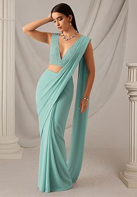Blue Sequin Embroidered Net Pre Draped Saree Set