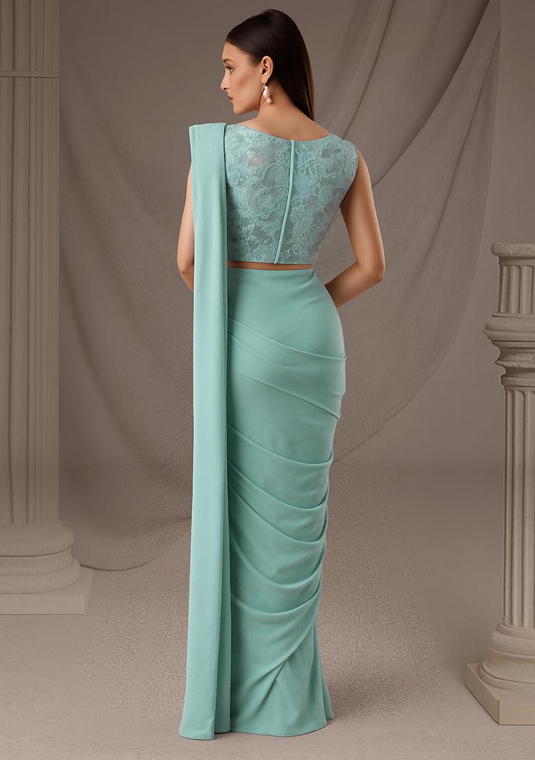 Blue Sequins Embroidered Net Pre Draped Saree Set - Indya