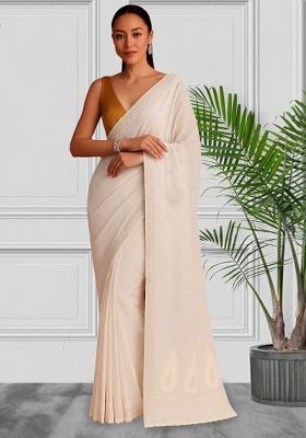 Off White Sequin Embroidered Georgette Pre Draped Saree Set