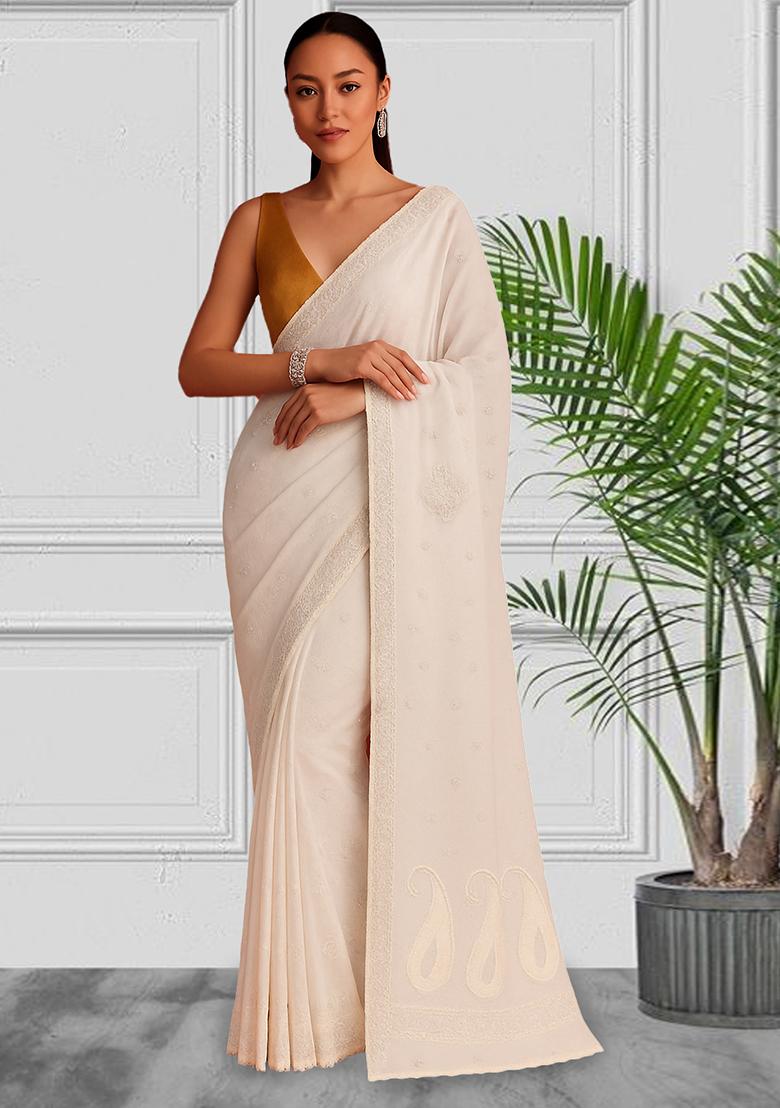 Off White Sequin Embroidered Georgette Pre Draped Saree Set