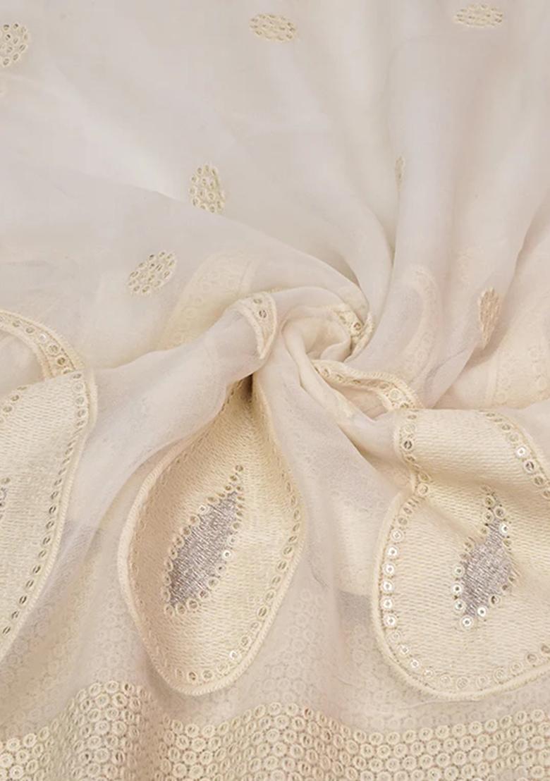 Off White Sequin Embroidered Georgette Pre Draped Saree Set