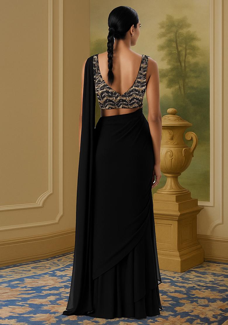 Black Sequin Embellished Blouse Net Pre Draped Saree Set - Indya