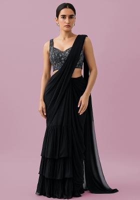 Black Sequin Embellished Blouse Georgette Pre Draped Saree Set