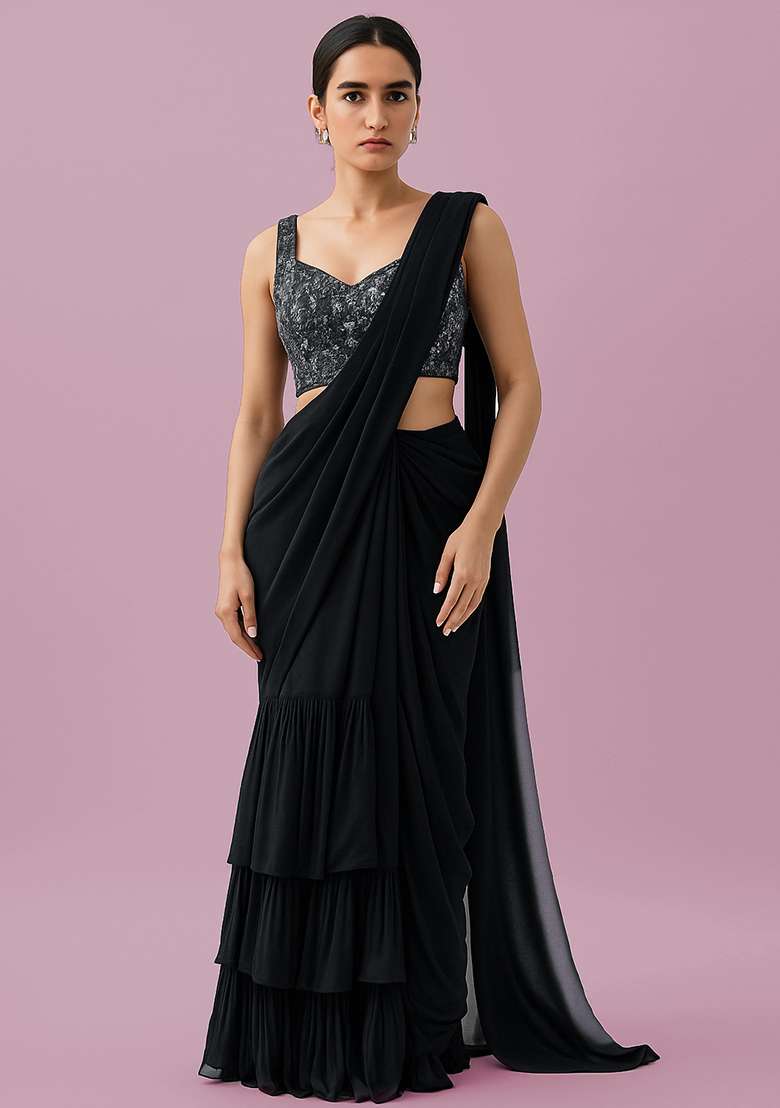 Black Sequin Embellished Blouse Georgette Pre Draped Saree Set - Indya
