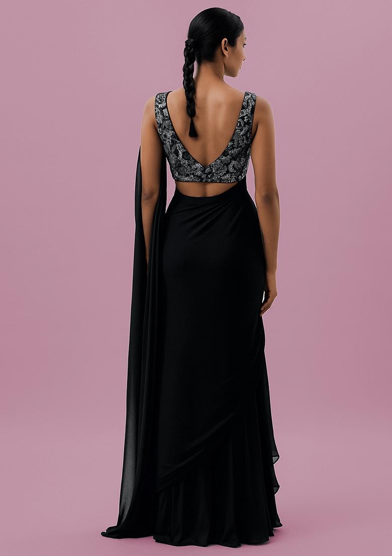 Black Sequin Embellished Blouse Georgette Pre Draped Saree Set - Indya