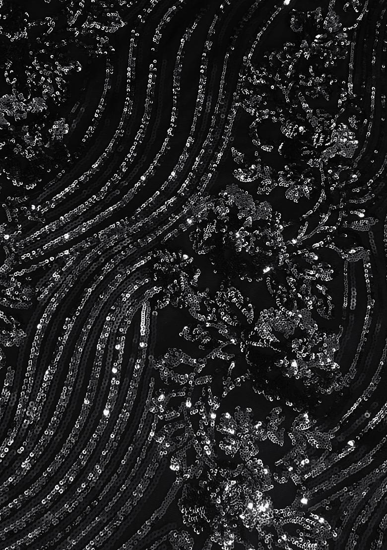 Black Sequin Embellished Blouse Georgette Pre Draped Saree Set - Indya