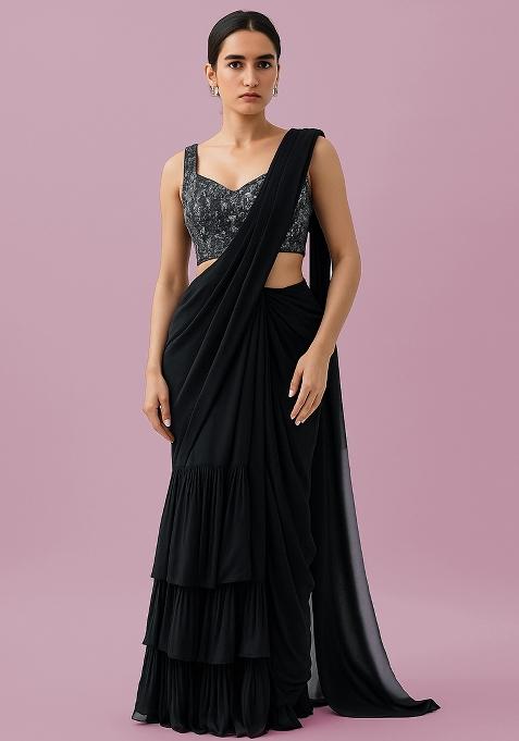 Black Sequin Embellished Blouse Georgette Pre Draped Saree Set