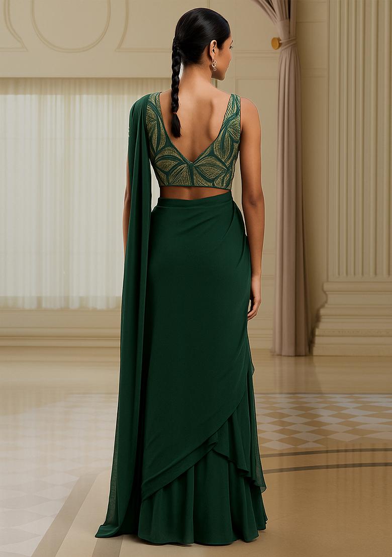 Henna Green Sequin Embellished Blouse Georgette Pre Draped Saree Set