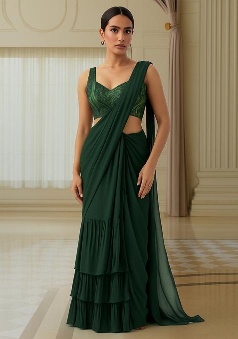 Henna Green Sequin Embellished Blouse Georgette Pre Draped Saree Set