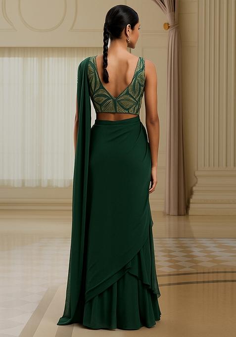 Henna Green Sequin Embellished Blouse Georgette Pre Draped Saree Set