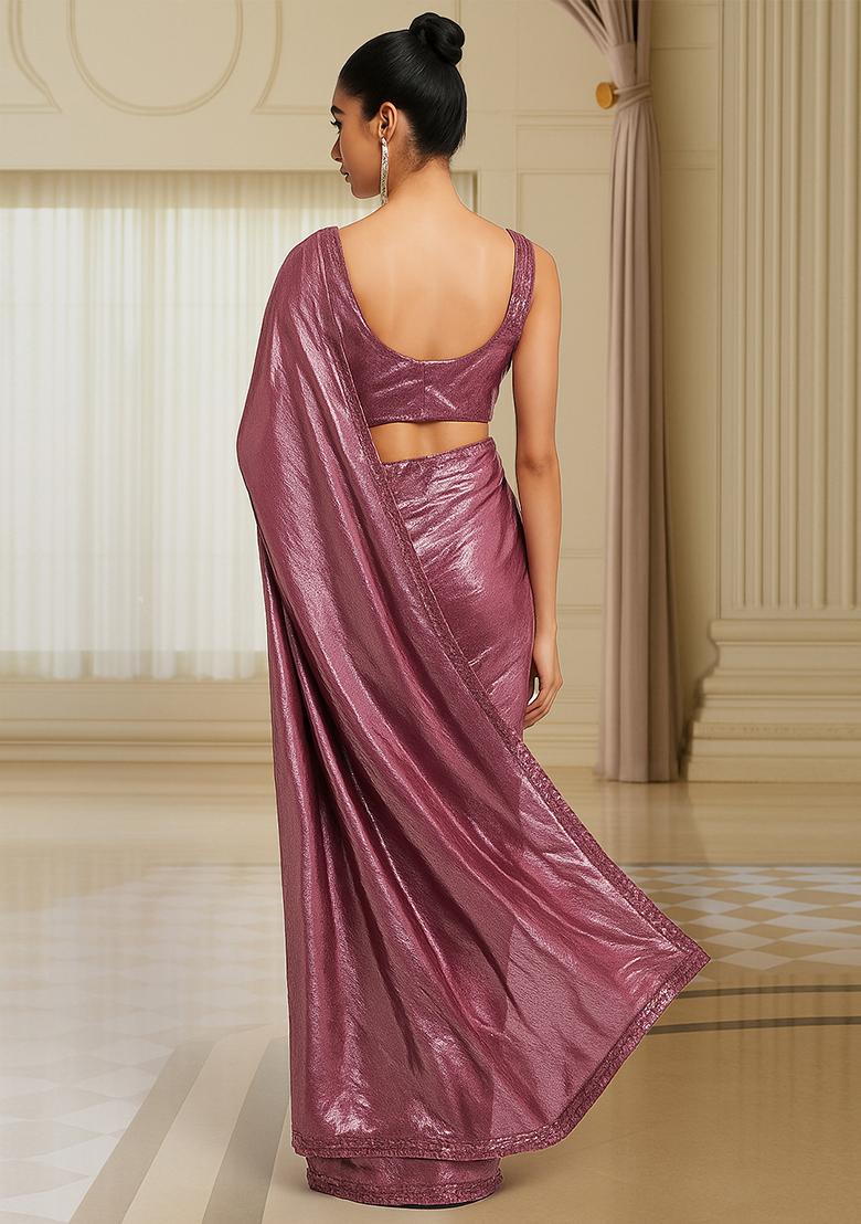 Purple Foil Shimmer Pre Draped Saree Set - Indya