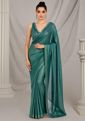 Green Foil Shimmer Pre Draped Saree Set