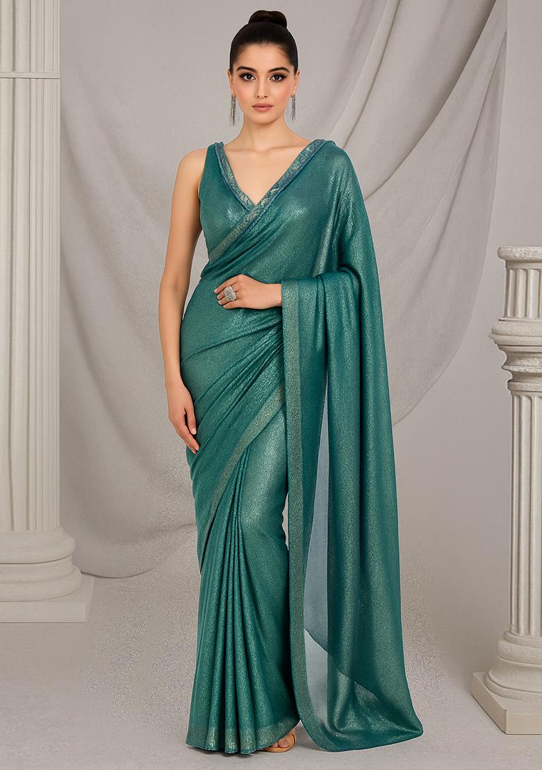 Green Foil Shimmer Pre Draped Saree Set