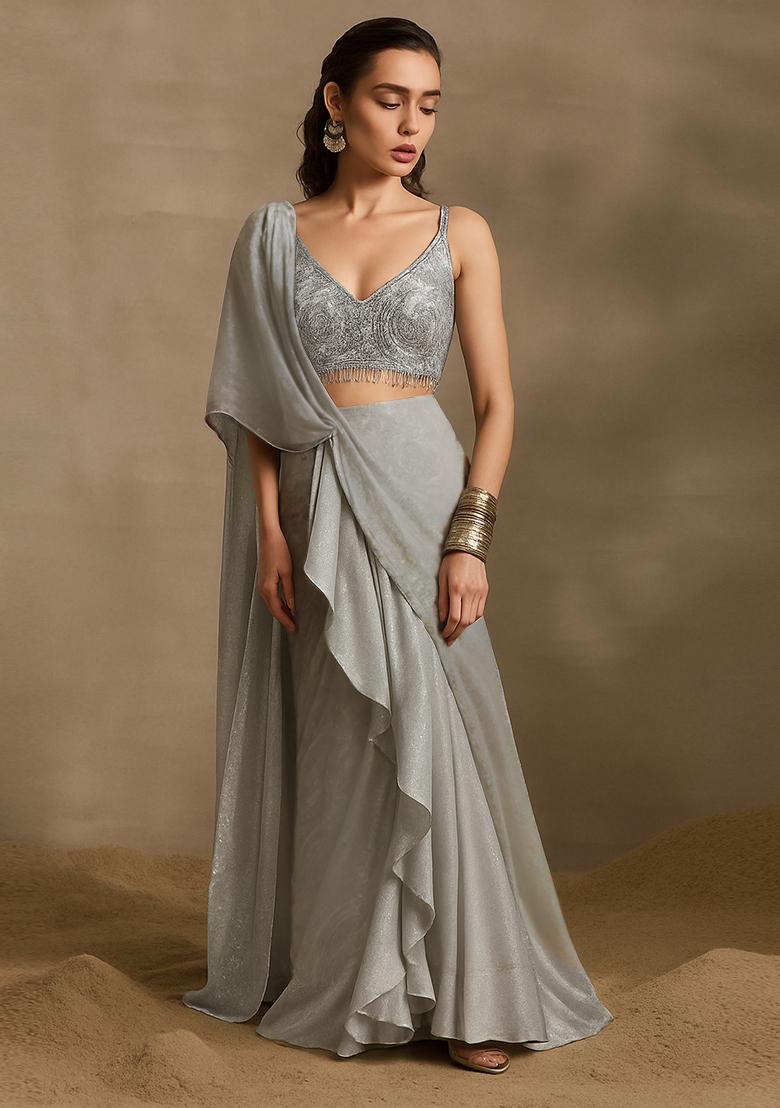 Grey Sequin Embroidered Blouse Net Pre Draped Saree Set