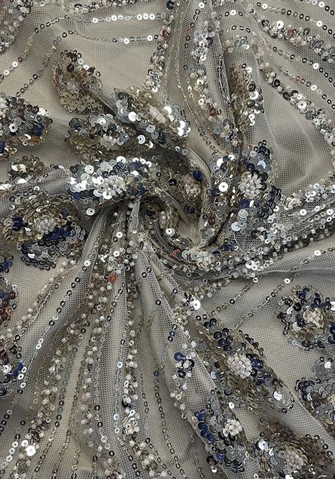 Grey Sequin Embroidered Blouse Net Pre Draped Saree Set