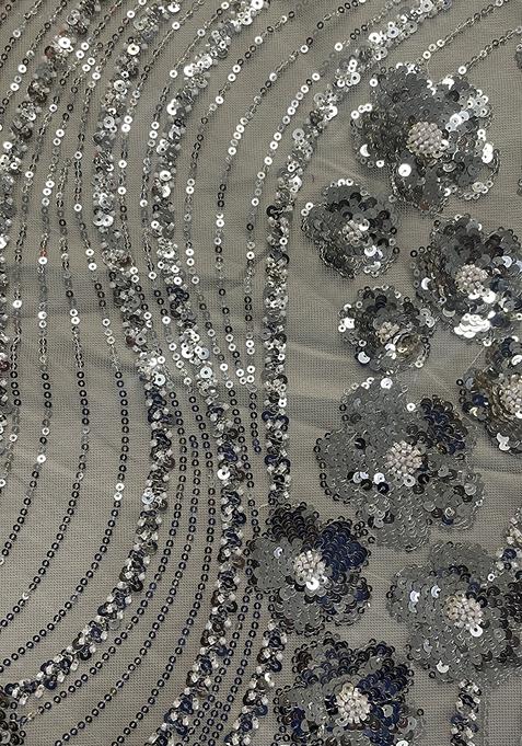 Grey Sequin Embroidered Blouse Net Pre Draped Saree Set