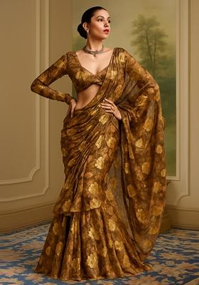 Brown Jacquard Brocade Pre Draped Saree Set